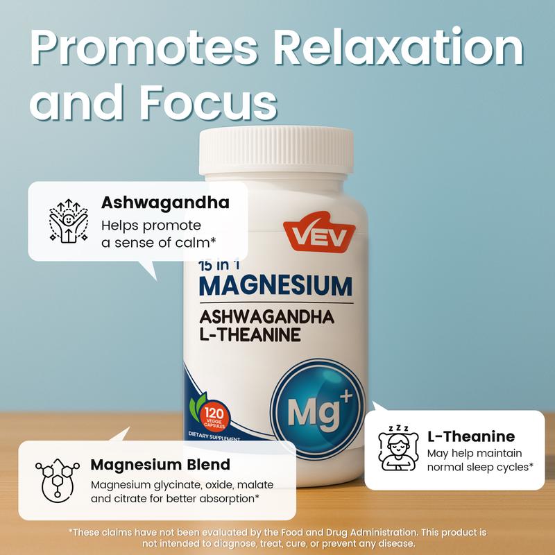 VEV Magnesium Natural Edible Supplement - 15-in-1 Formula with Magnesium Glycinate, Ashwagandha, and L-Theanine for Mood and Focus, 120 Capsules
