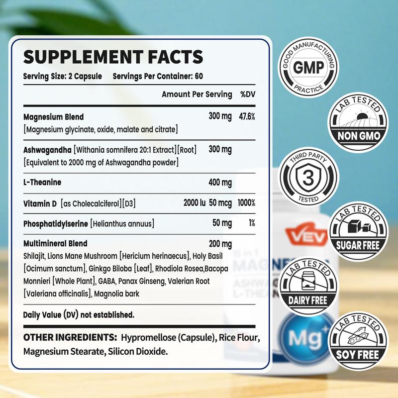 VEV Magnesium Natural Edible Supplement - 15-in-1 Formula with Magnesium Glycinate, Ashwagandha, and L-Theanine for Mood and Focus, 120 Capsules