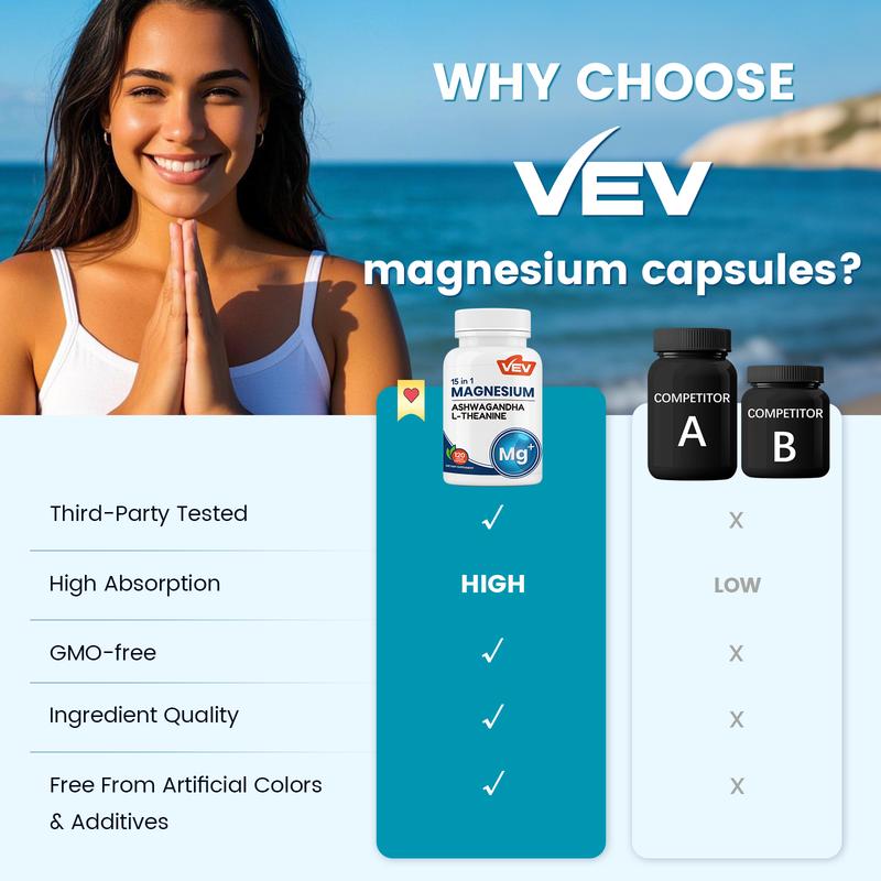 VEV Magnesium Natural Edible Supplement - 15-in-1 Formula with Magnesium Glycinate, Ashwagandha, and L-Theanine for Mood and Focus, 120 Capsules