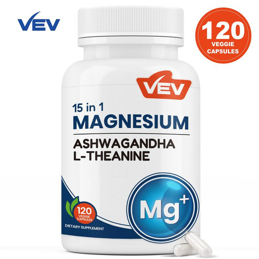 VEV Magnesium Natural Edible Supplement - 15-in-1 Formula with Magnesium Glycinate, Ashwagandha, and L-Theanine for Mood and Focus, 120 Capsules