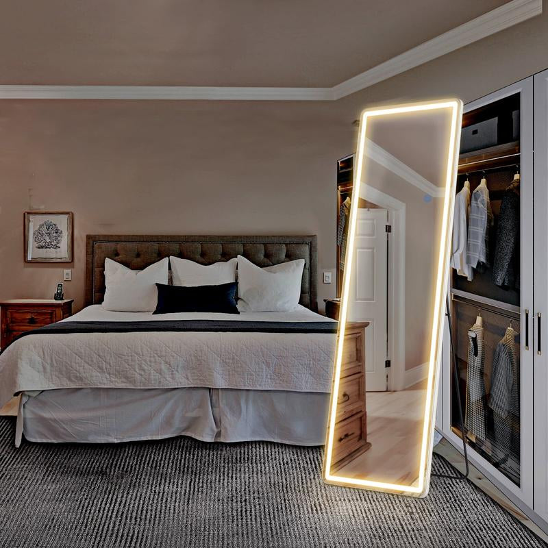 Full Length Mirror with LED Lights, 64"X21" Lighted Floor Standing Mirror with Stand