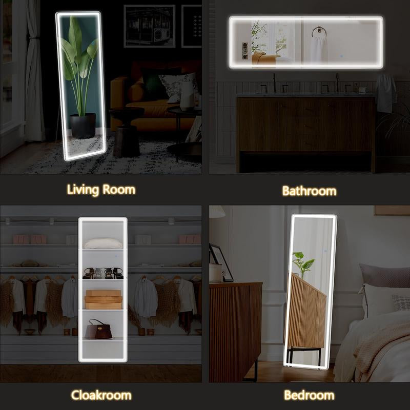 Full Length Mirror with LED Lights, 64"X21" Lighted Floor Standing Mirror with Stand
