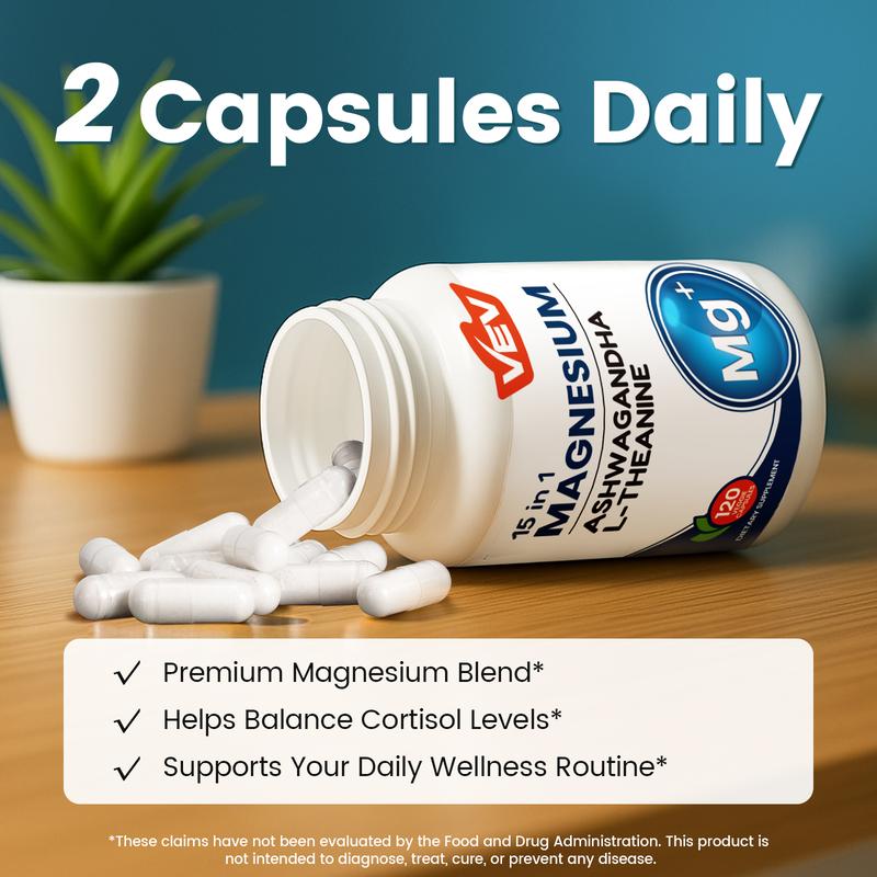 VEV Magnesium Natural Edible Supplement - 15-in-1 Formula with Magnesium Glycinate, Ashwagandha, and L-Theanine for Mood and Focus, 120 Capsules